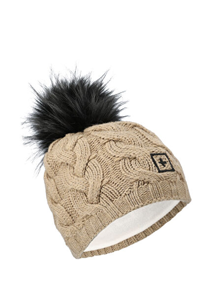 Eco-Fur Pompom Beige Women's Beanie