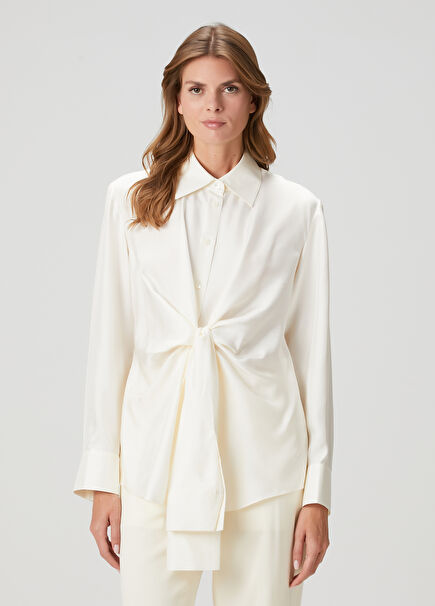Ecru Tie Front Silk Shirt