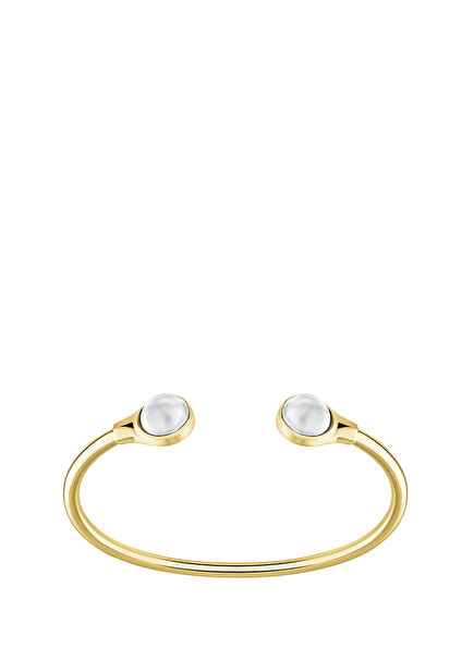 Cabochon Clear & White Lacquer 18 Ayar Altın Kaplama Kristal Esnek Unisex Bileklik 