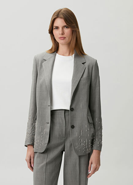 Gri Taş İşlemeli Yün Blazer