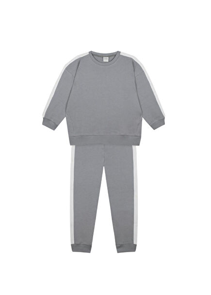 Beyaz Kontrastlı Gri Sweatshirt & Pantolon Erkek Çocuk 2'li Set