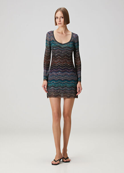 Koyu Mavi Payetli Mini Elbise