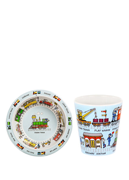Trains Blue Melamine Food Bowl and Practice Cup