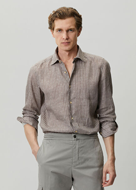 Brown Floral Print Linen Shirt