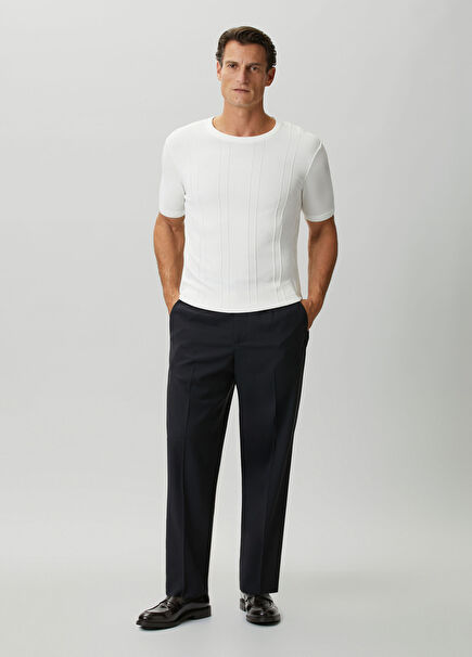 Navy Blue Gathered Waist Wool Trousers