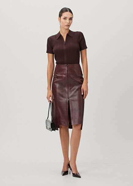 Burgundy Asymmetrical Leather Skirt