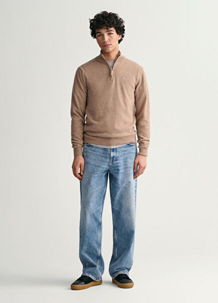 Men's Beige Regular Fit Half-Zip Sweater