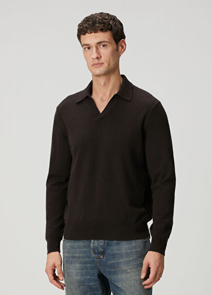 Koyu Kahverengi Polo Yaka Yün Triko