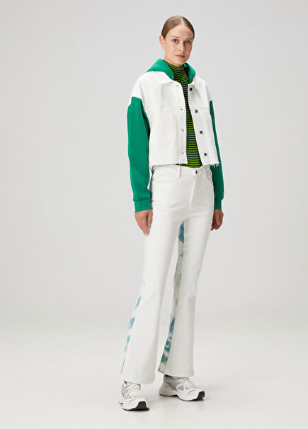 Beyaz Yeşil Denim Kadın Boyfriend Pantolon