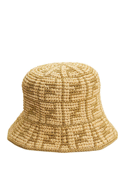 Bej Logolu Hasır Dokulu Kadın Şapka