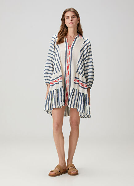 Cream Blue Patterned Mini Beach Dress