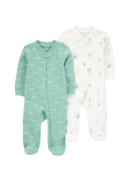 Layette Yeşil ve Beyaz Uzun Kollu Patikli Erkek Bebek 2'li Uyku Tulumu Seti