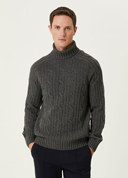 Anthracite Turtleneck Braid Textured Wool Sweater