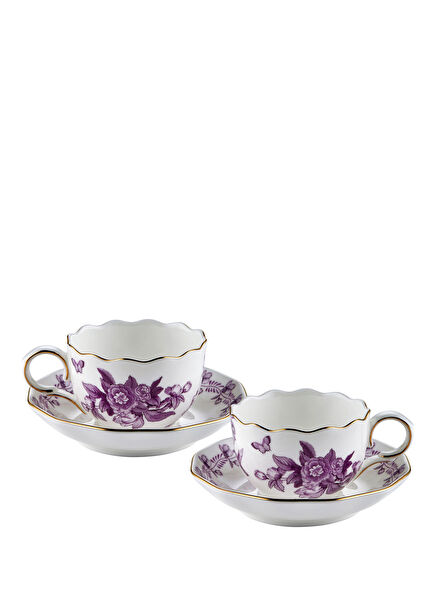 Primavera Purple Patterned White Porcelain 2-Piece Coffee Cup and Saucer Set