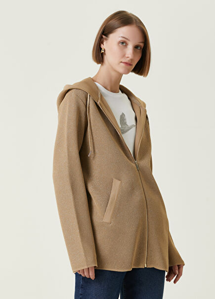 Beige Hooded Glitter Cardigan