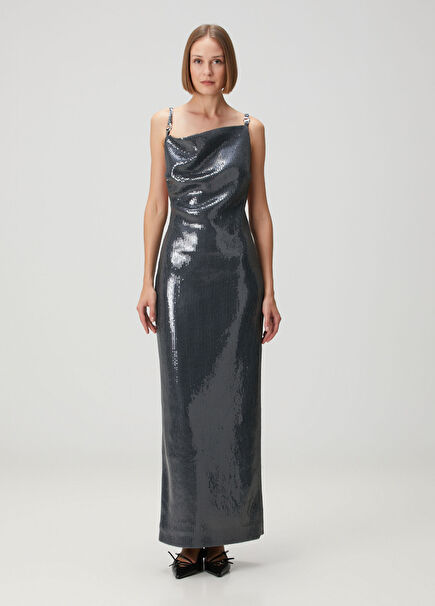 Gray Sequined Maxi Evening Dress