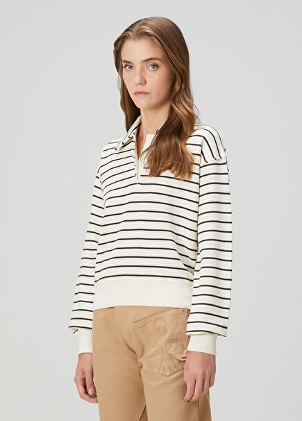 Ekru Çizgili Polo Sweatshirt