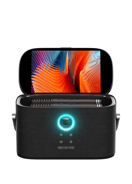 Partybox Shell S1 280W Karaoke Bluetooth Hoparlör Seti Dahili 10.1" Tablet 2 Kablosuz Mikrofon RGB Işıklı Taşınabilir Ses Bombası