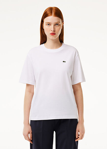 Beyaz Bisiklet Yaka Relaxed Fit Kısa Kollu Kadın T-Shirt