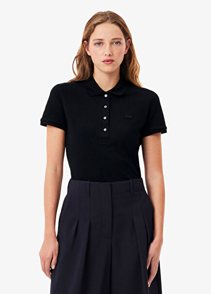 Siyah Polo Yaka Slim Fit Kısa Kollu Kadın T-Shirt