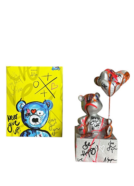 Oturan Balonlu Ayıcık Pop Art Gümüş Dekoratif Heykel