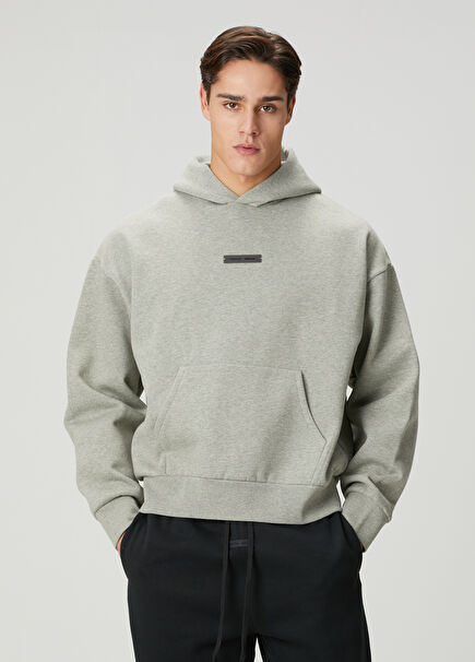 Light Grey Hooded Logo Detailed Sweatshirt