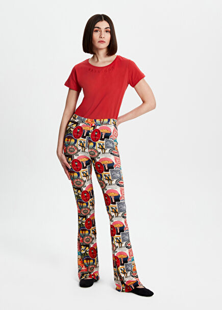 Kartpostal Baskılı İspanyol Paça Kadın Pantolon