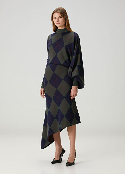 Dark Green Patterned Asymmetrical Wool Dress