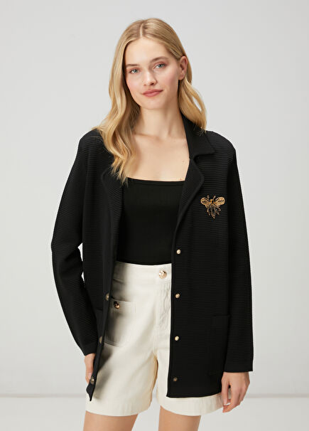 Siyah Ottoman Dokulu Triko Ceket