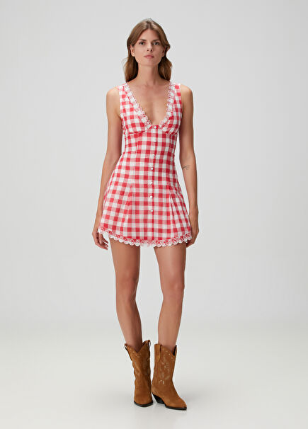 Farm Gauze Red Checkered Mini Dress