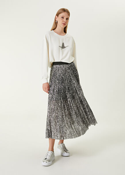 Silver Embroidered Pleated Midi Skirt