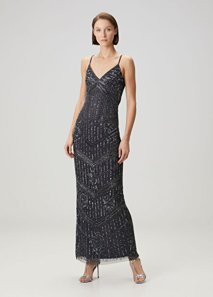 Navy Blue Sequined Maxi Evening Dress