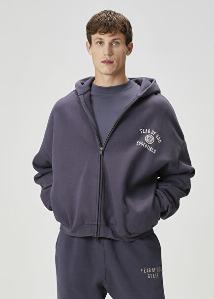Navy Blue Hooded Logo Printed Sweatshirt