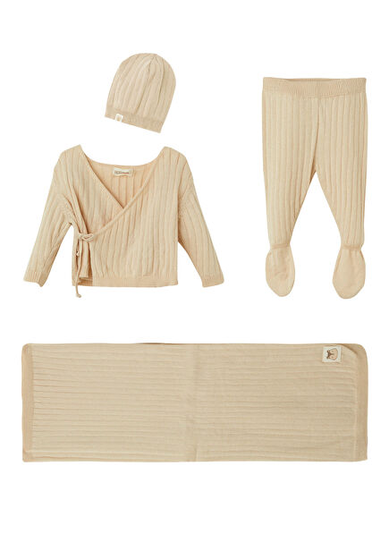 Organic Cotton 4 Piece Baby Striped Beige Hospital Discharge Set