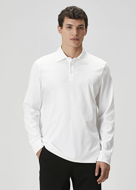 Comfort Fit Kırık Beyaz Polo Yaka Sweatshirt