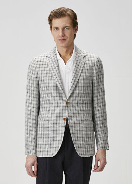 Açık Gri Kare Desenli Keten Ceket