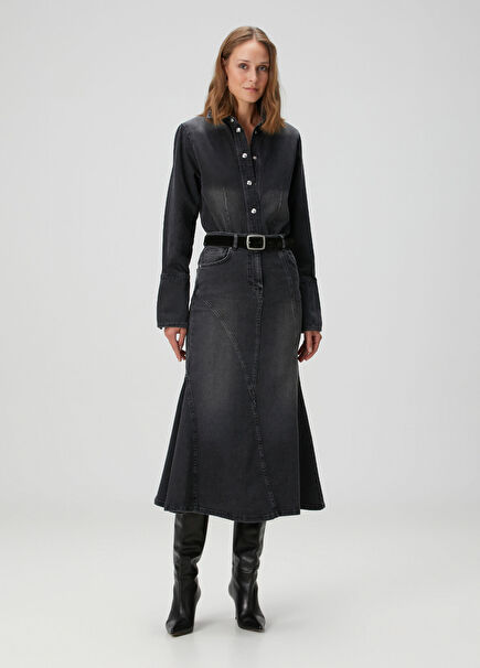 Antrasit Midi Denim Etek