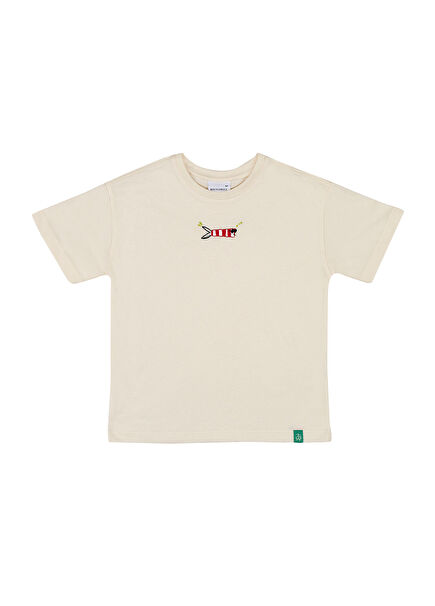 Hamsi Nakışlı Ekru Oversize Kısa Kollu Unisex Çocuk T-Shirt