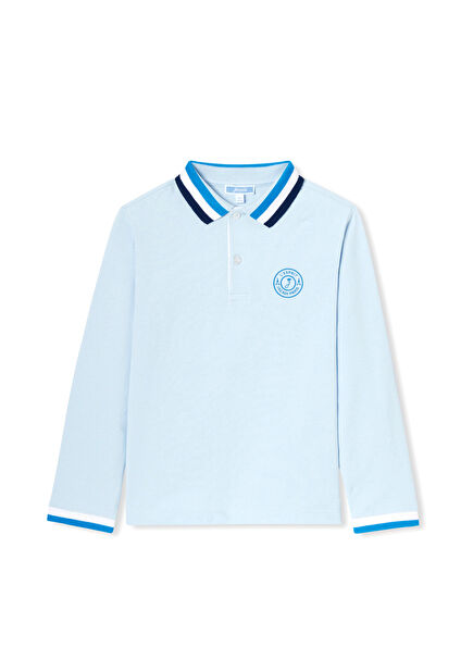 Açık Mavi Pamuklu Pike Polo Yaka Uzun Kollu Erkek Çocuk Sweatshirt