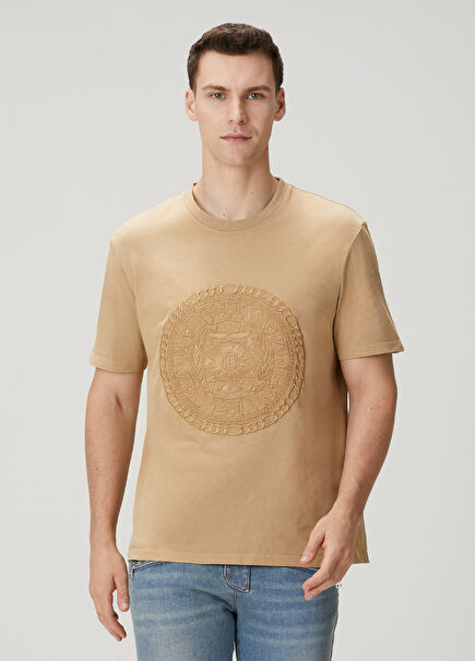 Bej Logo Nakışlı T-shirt