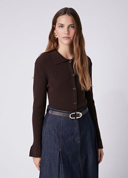 Brown Wool Polo Cardigan