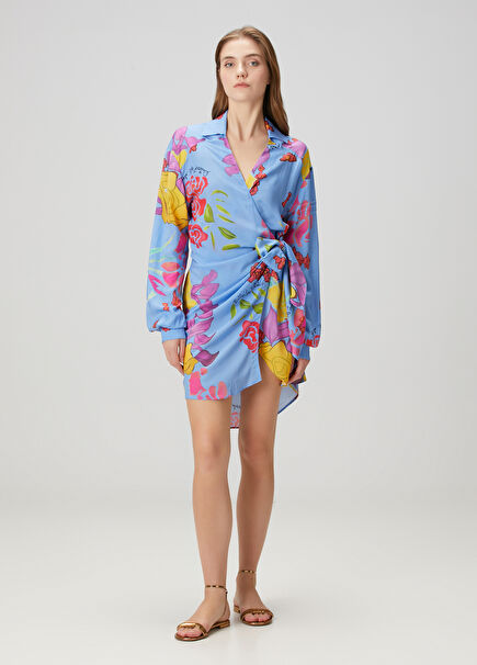 Cielo Mavi Çiçekli Mini Anvelop Elbise