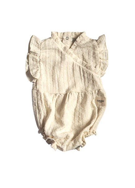 Krem Rengi Müslin Fırfırlı Mini Ponponlu Kolsuz Kız Bebek Tulum