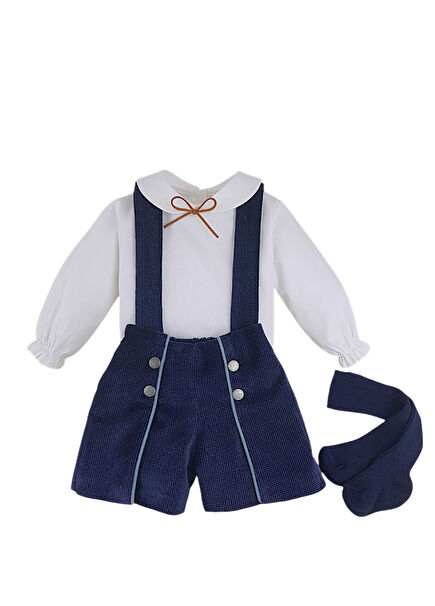 Lacivert Kadife Astarlı Salopet Gömlek ve Dizaltı Çorap Erkek Bebek Üçlü Set