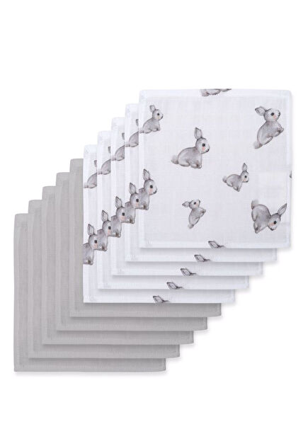 %100 Pamuk Müslin Iconique Lapin & Cotton Grey 10`lu Bebek Ağız Bezi