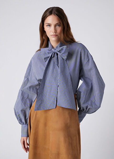 Navy Blue Scarf Tie Stripe Pattern Shirt