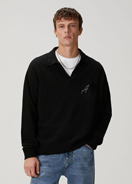 Black Logo Jacquard Polo Wool Sweater