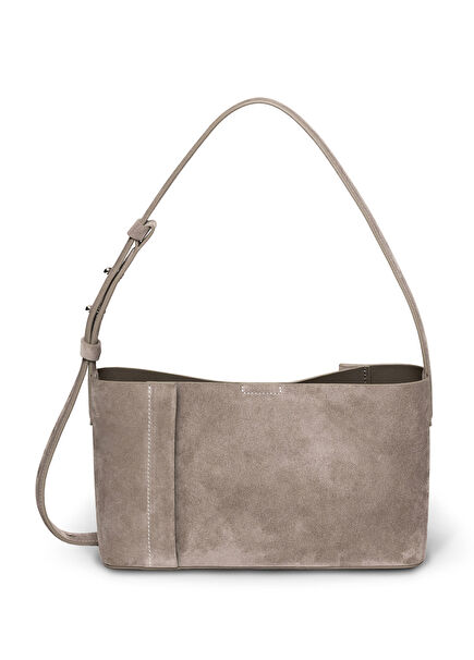 The Small Tote Plissé Sand Beige Suede Women's Shoulder Bag
