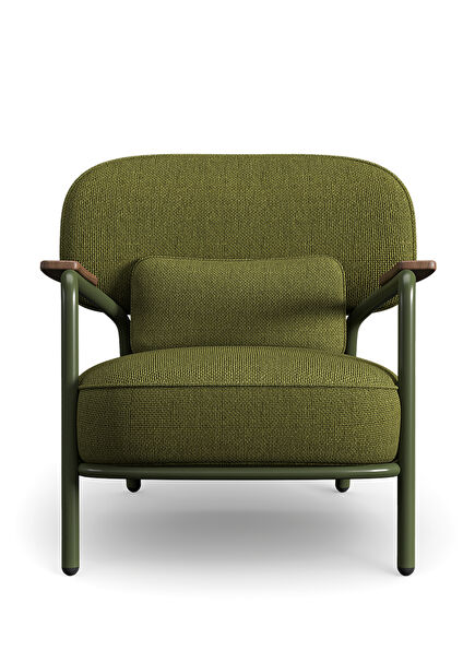 Clay Green Metal Frame Armchair with Wooden Armrests