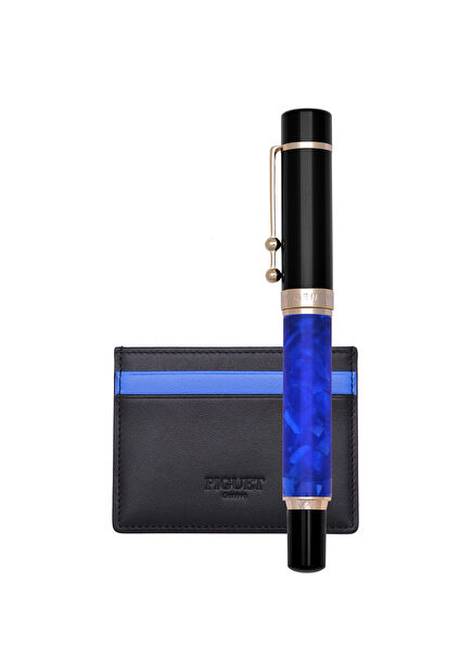 Taurus Océan Bleu Black & Blue Rollerball Pen and Leather Card Holder Set